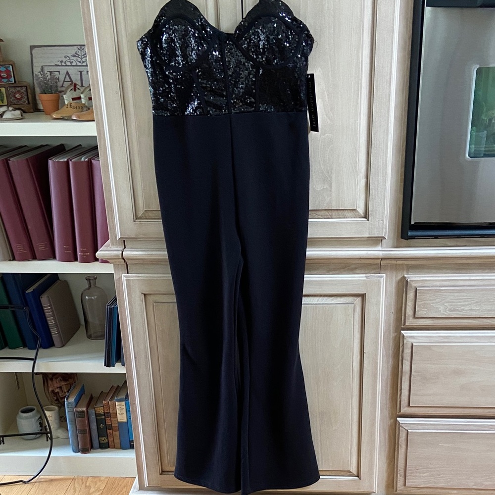 Madden Girl Black Sequin jumpsuit sz L nwt